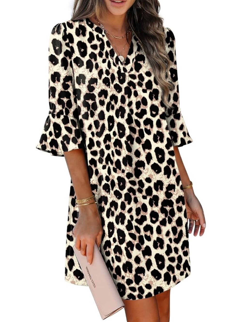 〽️Women's Floral Leopard Shift Dress V Neck Ruffle Sleeve Summer Dress Pockets
